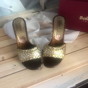 Baldinini Gold and Rhinestone Studded Stilettos